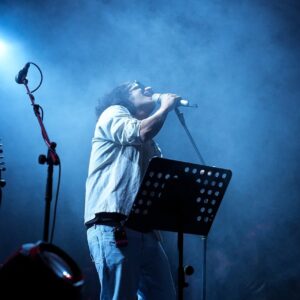 singer, microphone, stage lights, smoke, stage, concert, live music, musician, singing, artist, entertainment, live performance, concert stage, emotion, black shirt, energy, blues music, night, rock music